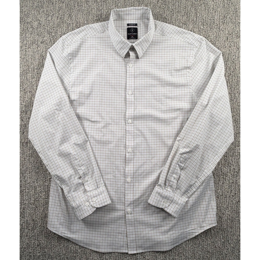 Bluffworks Zenith Dress Shirt Men XL White Tan Blue Check Classic Fit Peformance